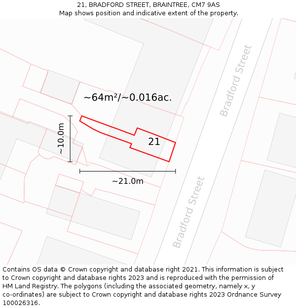 21, BRADFORD STREET, BRAINTREE, CM7 9AS: Plot and title map