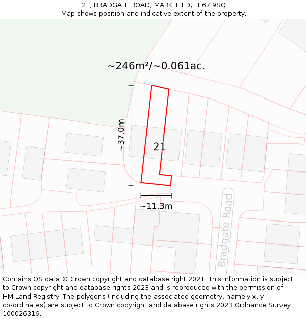21, BRADGATE ROAD, MARKFIELD, LE67 9SQ: Plot and title map