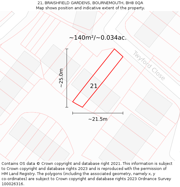 21, BRAISHFIELD GARDENS, BOURNEMOUTH, BH8 0QA: Plot and title map