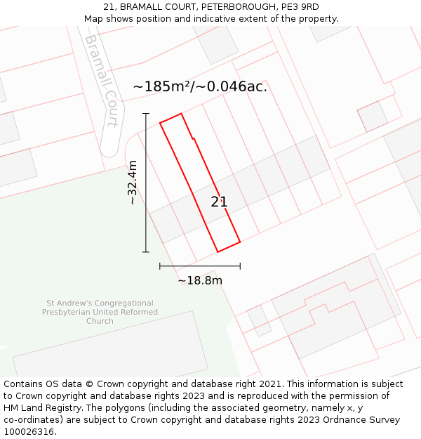21, BRAMALL COURT, PETERBOROUGH, PE3 9RD: Plot and title map