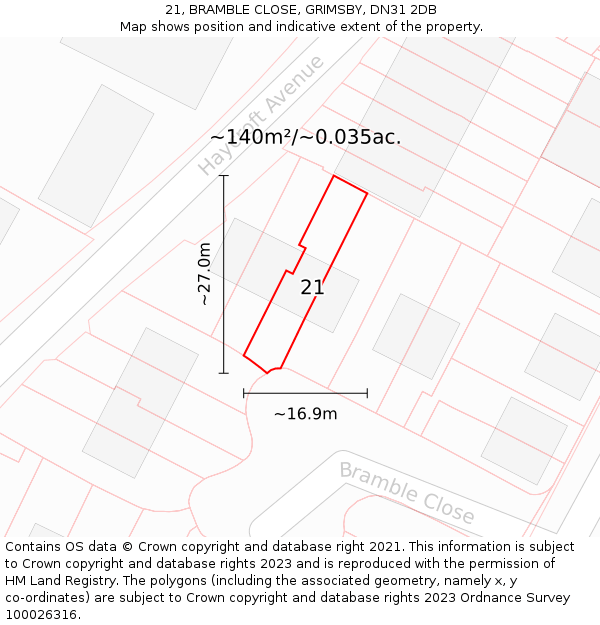 21, BRAMBLE CLOSE, GRIMSBY, DN31 2DB: Plot and title map