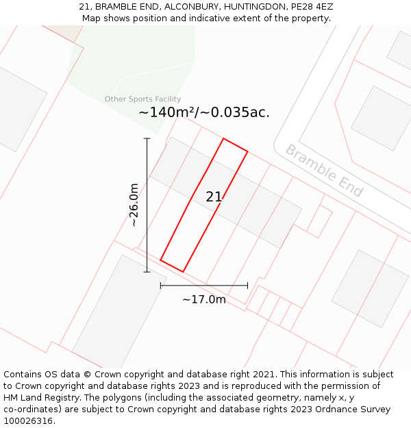 21, BRAMBLE END, ALCONBURY, HUNTINGDON, PE28 4EZ: Plot and title map