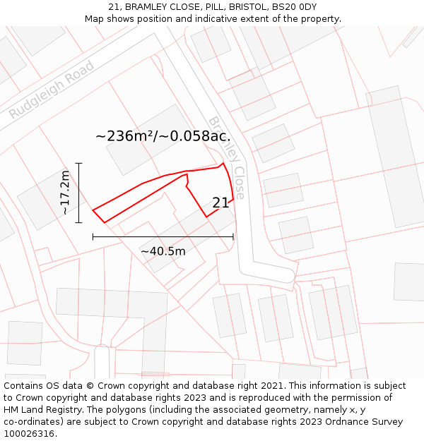 21, BRAMLEY CLOSE, PILL, BRISTOL, BS20 0DY: Plot and title map