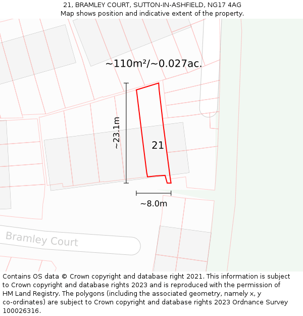 21, BRAMLEY COURT, SUTTON-IN-ASHFIELD, NG17 4AG: Plot and title map