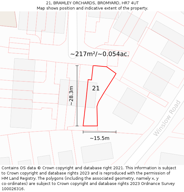 21, BRAMLEY ORCHARDS, BROMYARD, HR7 4UT: Plot and title map