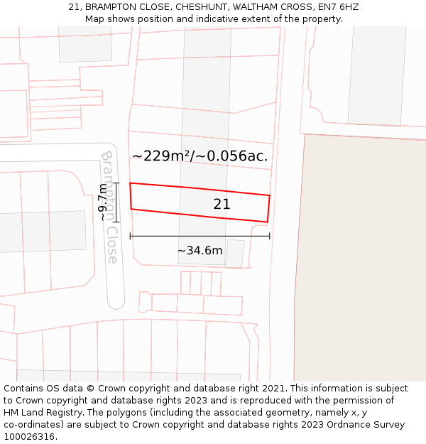 21, BRAMPTON CLOSE, CHESHUNT, WALTHAM CROSS, EN7 6HZ: Plot and title map