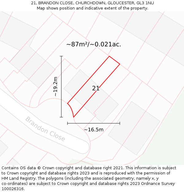21, BRANDON CLOSE, CHURCHDOWN, GLOUCESTER, GL3 1NU: Plot and title map