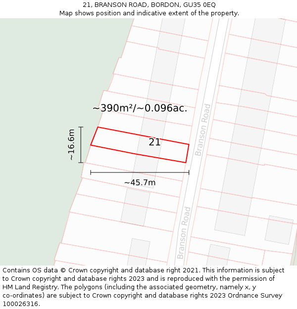 21, BRANSON ROAD, BORDON, GU35 0EQ: Plot and title map