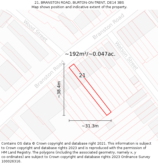 21, BRANSTON ROAD, BURTON-ON-TRENT, DE14 3BS: Plot and title map