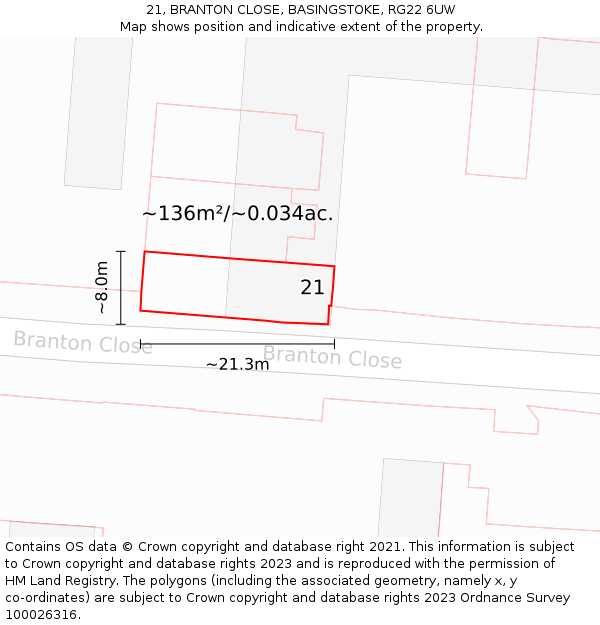 21, BRANTON CLOSE, BASINGSTOKE, RG22 6UW: Plot and title map