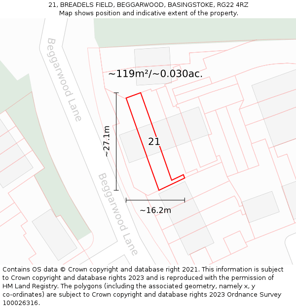21, BREADELS FIELD, BEGGARWOOD, BASINGSTOKE, RG22 4RZ: Plot and title map