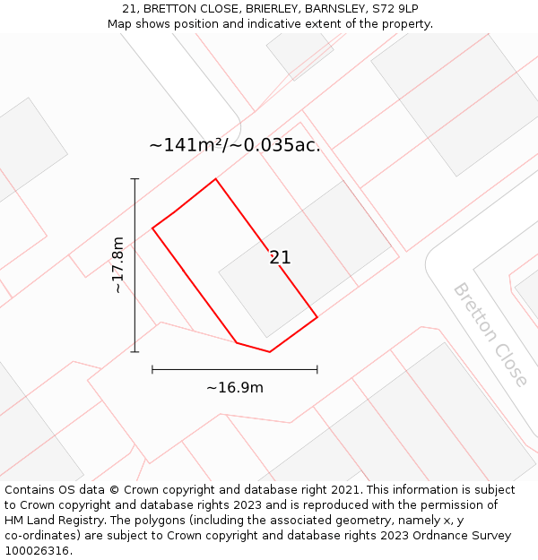 21, BRETTON CLOSE, BRIERLEY, BARNSLEY, S72 9LP: Plot and title map