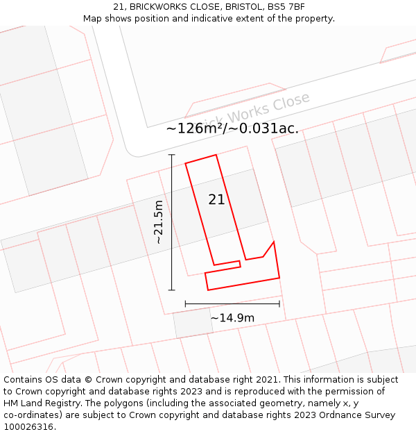 21, BRICKWORKS CLOSE, BRISTOL, BS5 7BF: Plot and title map