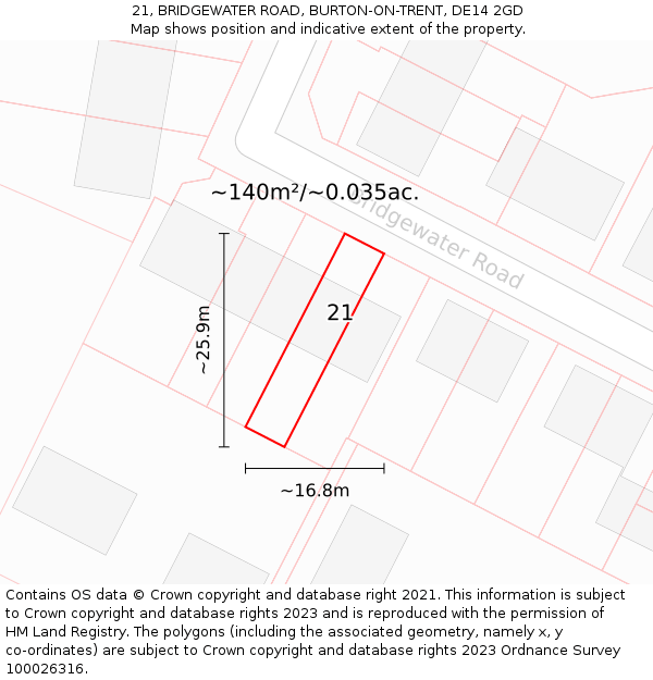 21, BRIDGEWATER ROAD, BURTON-ON-TRENT, DE14 2GD: Plot and title map