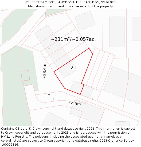 21, BRITTEN CLOSE, LANGDON HILLS, BASILDON, SS16 6TB: Plot and title map