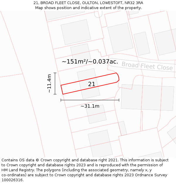 21, BROAD FLEET CLOSE, OULTON, LOWESTOFT, NR32 3RA: Plot and title map
