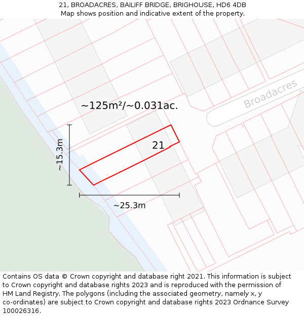 21, BROADACRES, BAILIFF BRIDGE, BRIGHOUSE, HD6 4DB: Plot and title map