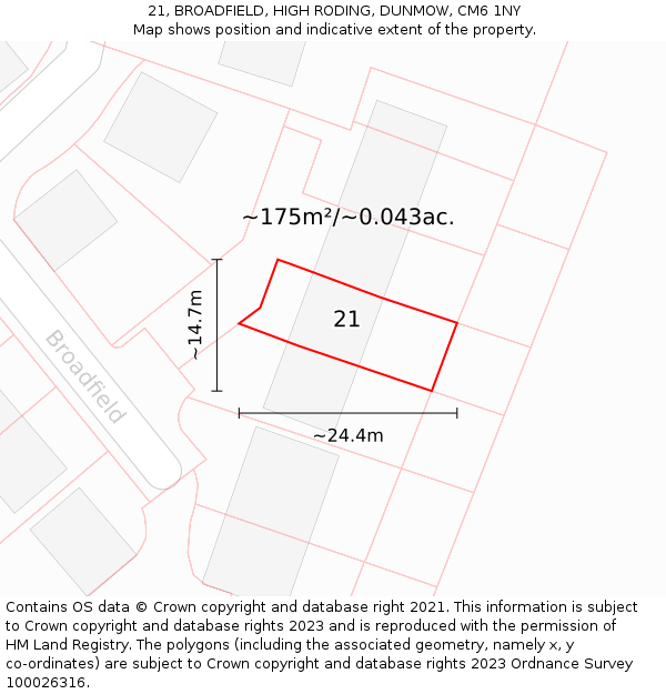 21, BROADFIELD, HIGH RODING, DUNMOW, CM6 1NY: Plot and title map