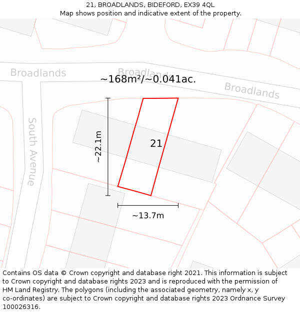 21, BROADLANDS, BIDEFORD, EX39 4QL: Plot and title map