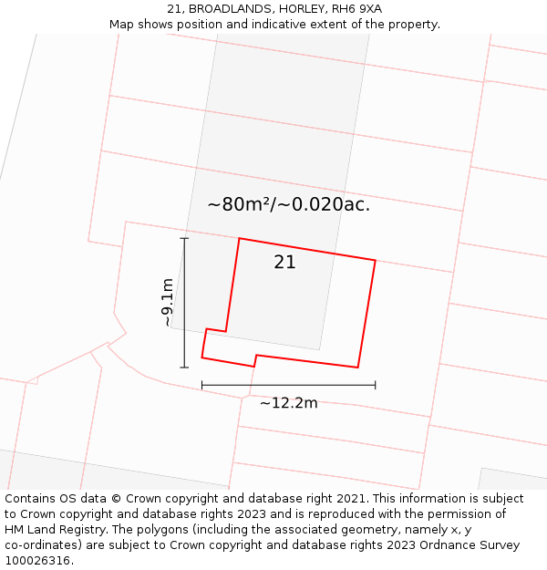 21, BROADLANDS, HORLEY, RH6 9XA: Plot and title map