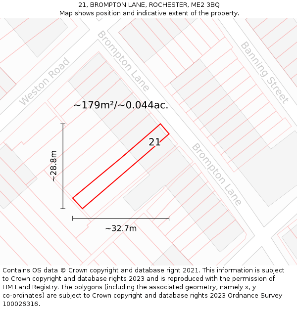 21, BROMPTON LANE, ROCHESTER, ME2 3BQ: Plot and title map