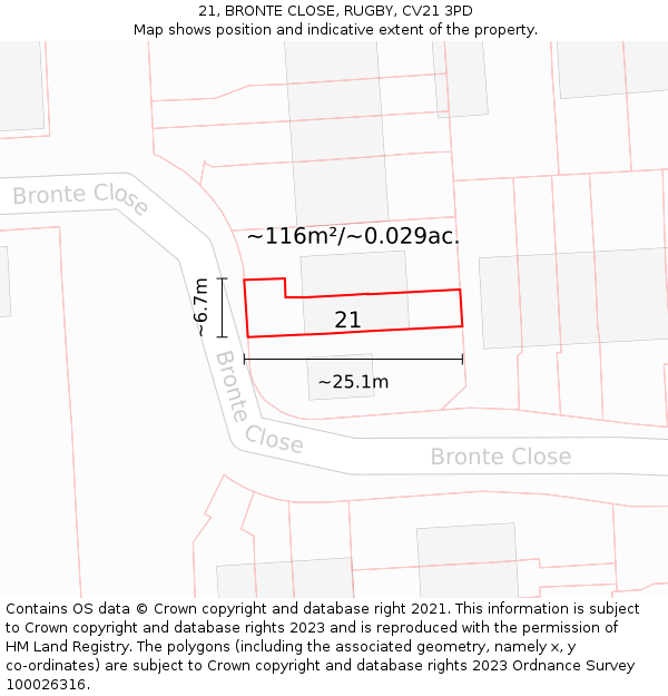 21, BRONTE CLOSE, RUGBY, CV21 3PD: Plot and title map