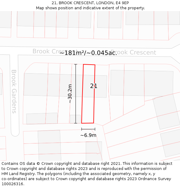 21, BROOK CRESCENT, LONDON, E4 9EP: Plot and title map
