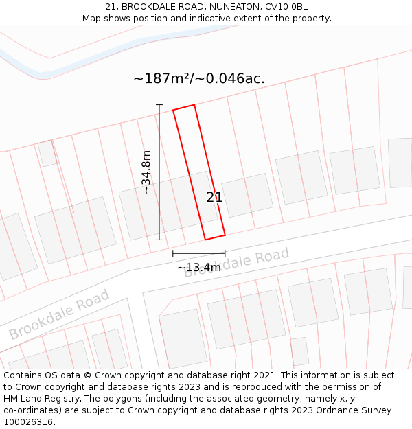 21, BROOKDALE ROAD, NUNEATON, CV10 0BL: Plot and title map