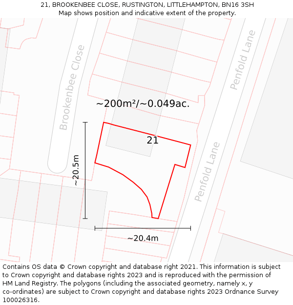 21, BROOKENBEE CLOSE, RUSTINGTON, LITTLEHAMPTON, BN16 3SH: Plot and title map