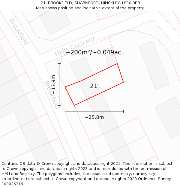 21, BROOKFIELD, SHARNFORD, HINCKLEY, LE10 3PB: Plot and title map