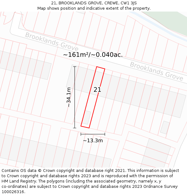 21, BROOKLANDS GROVE, CREWE, CW1 3JS: Plot and title map