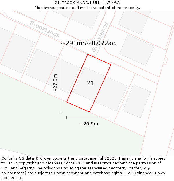 21, BROOKLANDS, HULL, HU7 4WA: Plot and title map