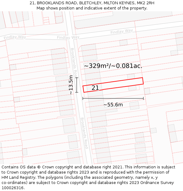 21, BROOKLANDS ROAD, BLETCHLEY, MILTON KEYNES, MK2 2RH: Plot and title map