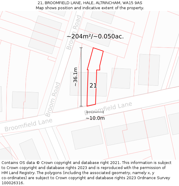 21, BROOMFIELD LANE, HALE, ALTRINCHAM, WA15 9AS: Plot and title map