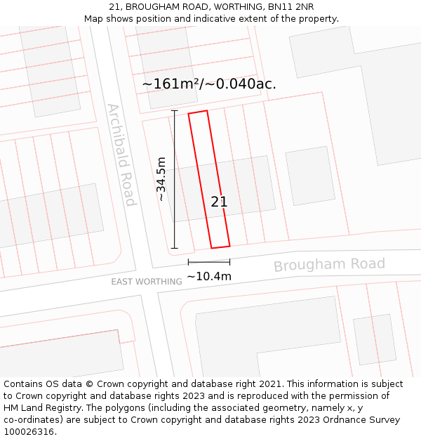 21, BROUGHAM ROAD, WORTHING, BN11 2NR: Plot and title map
