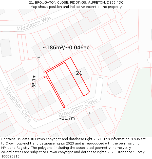 21, BROUGHTON CLOSE, RIDDINGS, ALFRETON, DE55 4DQ: Plot and title map