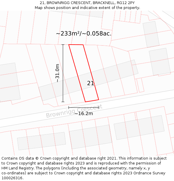 21, BROWNRIGG CRESCENT, BRACKNELL, RG12 2PY: Plot and title map