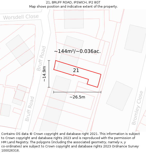 21, BRUFF ROAD, IPSWICH, IP2 8GT: Plot and title map