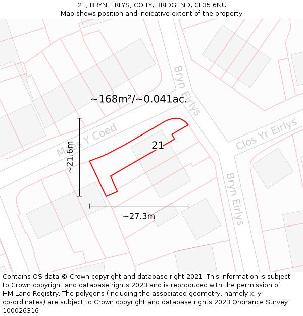 21, BRYN EIRLYS, COITY, BRIDGEND, CF35 6NU: Plot and title map