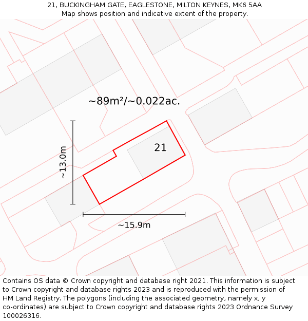 21, BUCKINGHAM GATE, EAGLESTONE, MILTON KEYNES, MK6 5AA: Plot and title map