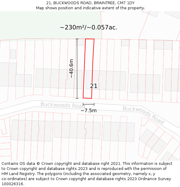 21, BUCKWOODS ROAD, BRAINTREE, CM7 1DY: Plot and title map