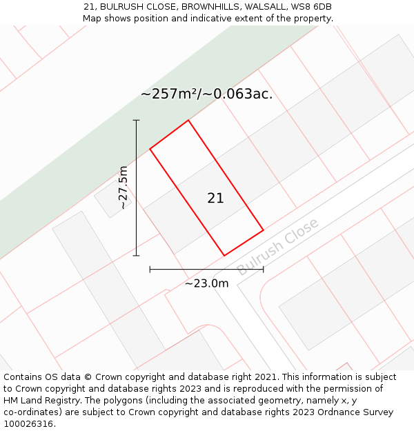 21, BULRUSH CLOSE, BROWNHILLS, WALSALL, WS8 6DB: Plot and title map