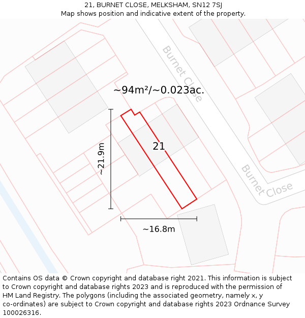 21, BURNET CLOSE, MELKSHAM, SN12 7SJ: Plot and title map