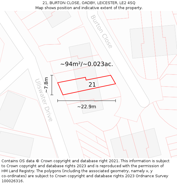 21, BURTON CLOSE, OADBY, LEICESTER, LE2 4SQ: Plot and title map