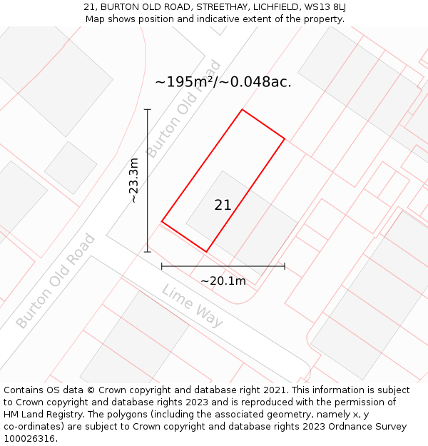 21, BURTON OLD ROAD, STREETHAY, LICHFIELD, WS13 8LJ: Plot and title map