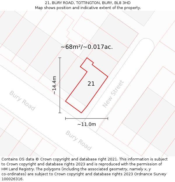 21, BURY ROAD, TOTTINGTON, BURY, BL8 3HD: Plot and title map