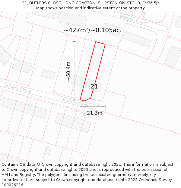 21, BUTLERS CLOSE, LONG COMPTON, SHIPSTON-ON-STOUR, CV36 5JY: Plot and title map