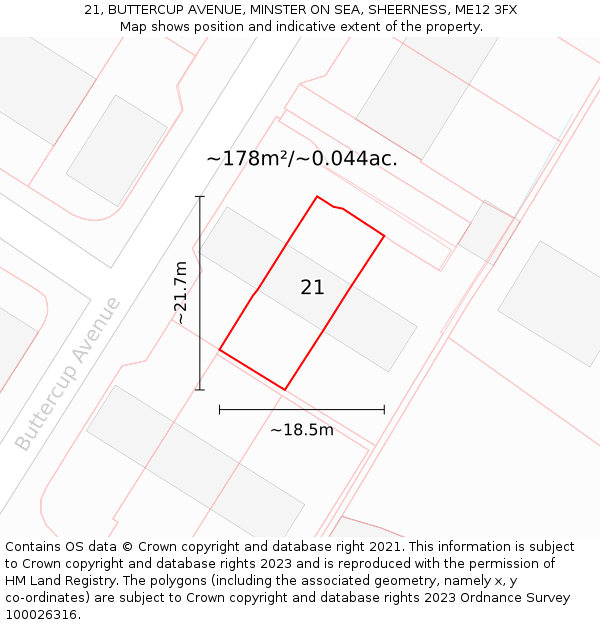 21, BUTTERCUP AVENUE, MINSTER ON SEA, SHEERNESS, ME12 3FX: Plot and title map