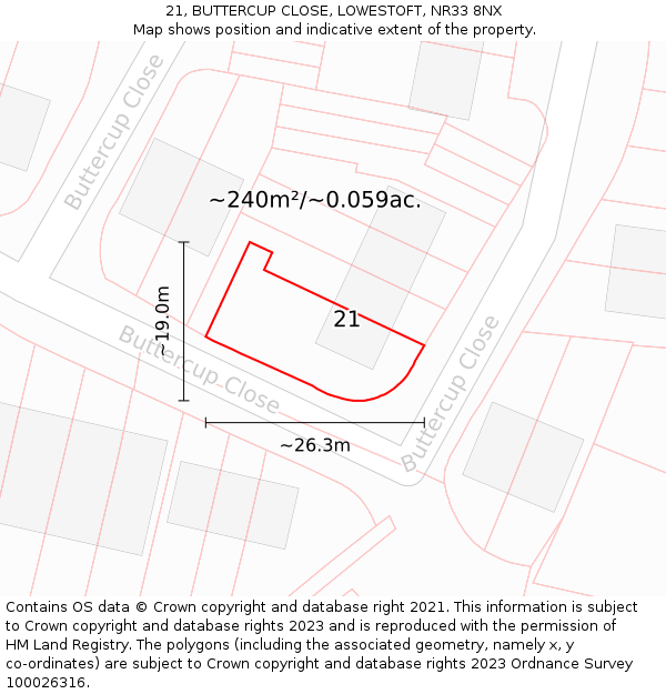 21, BUTTERCUP CLOSE, LOWESTOFT, NR33 8NX: Plot and title map
