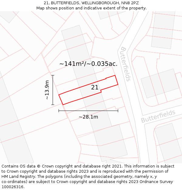 21, BUTTERFIELDS, WELLINGBOROUGH, NN8 2PZ: Plot and title map
